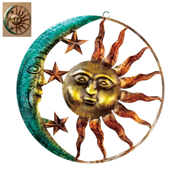 Large 16 in /40.6 cm Metal Wall Art, Outdoor Moon and Sun Design, Unique Garden Decor for Patios Fences Outdoor Spaces, Rust-Resistant Iron with Star Accents