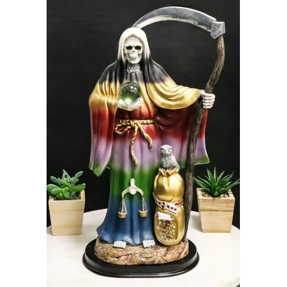 Large 16.75"H Rainbow Holy Death Santa Muerte Holding Scythe Globe W/ Owl Statue