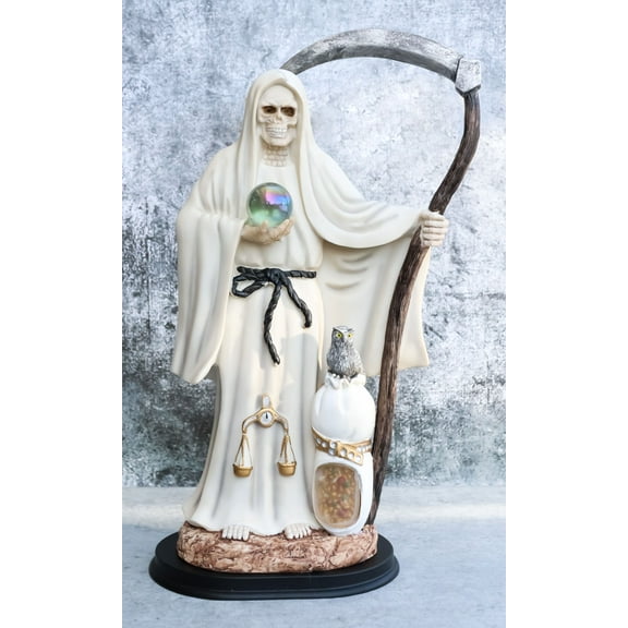 Large 16.75"H White Holy Death Santa Muerte Holding Scythe Globe With Owl Statue