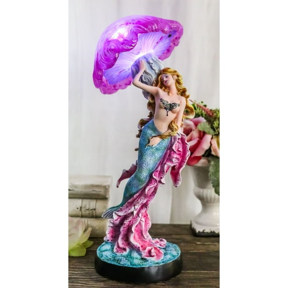 Large 17.25"H Mermaid Ariel With Pink Jellyfish Statue With Colorful LED Light