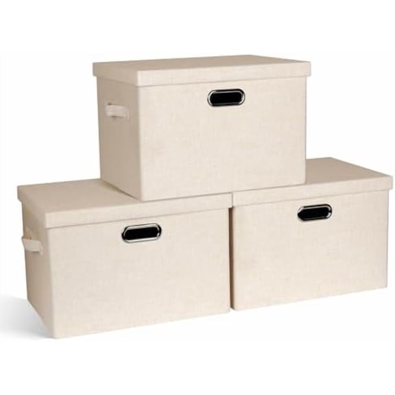 Large 17" 36 Quart Collapsible Stackable Storage Bins with Lids, 3 Packs Light Orange Linen Fabric Closet Boxes with Lids, Storage Cube Baskets Container Organizers for Office (17x12x11)