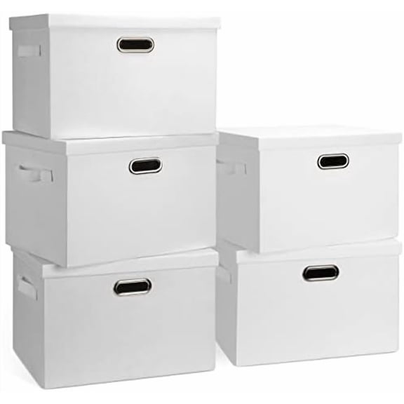 Large 17" 36 Quart Collapsible Stackable Storage Bins with Lids, 5 Packs White Linen Fabric Closet Boxes with Lids, Storage Cube Baskets Container Organizers for Bedroom Office(17 x12 x11)