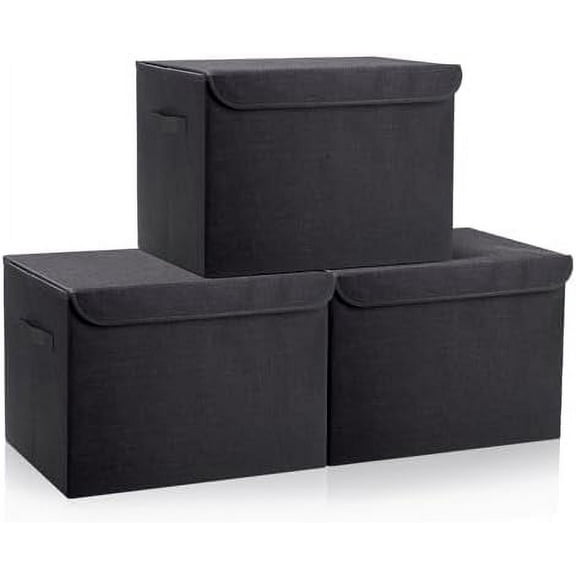 Large 17" 42 Quarts Collapsible Stackable Storage Bins with Lids [3-Pack] Foldable Fabric Linen Storage Boxes Cube, Closet Organizer Baskets with Label (16.7 x 12 x 12, Black)