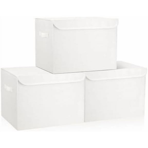 Large 17" 42 Quarts Collapsible Stackable Storage Bins with Lids [3-Pack] Foldable Fabric Linen Storage Boxes Cube, Closet Organizer Baskets with Label (16.7 x 12 x 12, White)