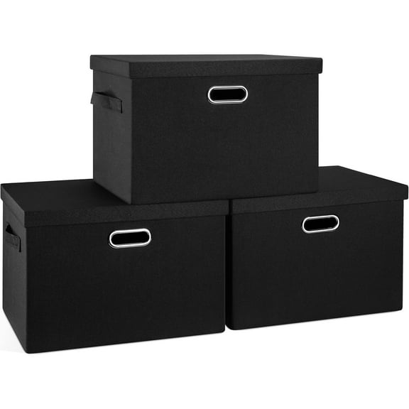Large 17" 36 Quart Collapsible Stackable Storage Bins with Lids, 3 Packs Black Linen Fabric Closet Boxes with Lids, Storage Cube Baskets Container Organizers for Bedroom Office(17 x12 x11)