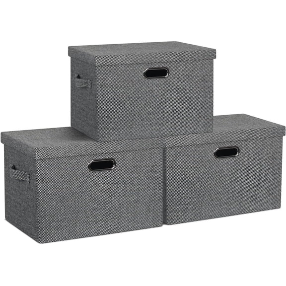Large 17" 36 Quart Collapsible Stackable Storage Bins with Lids, 3 Packs Black and White Mix Linen Fabric Closet Boxes with Lids, Storage Cube Baskets Container Organizers (17x12x11)
