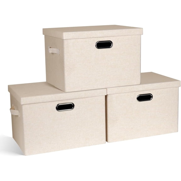 Large 17" 36 Quart Collapsible Stackable Storage Bins with Lids, 3 Packs Black and White Mix Linen Fabric Closet Boxes with Lids, Storage Cube Baskets Container Organizers (17x12x11)