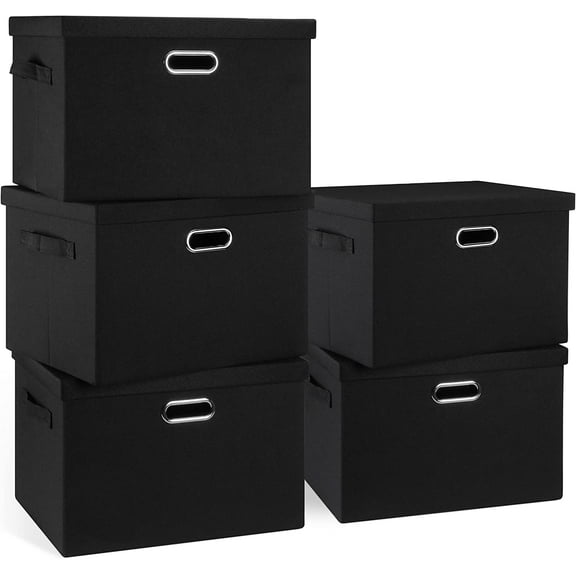 Large 17" 36 Quart Collapsible Stackable Storage Bins with Lids, 5 Packs Black Linen Fabric Closet Boxes with Lids, Storage Cube Baskets Container Organizers for Bedroom Office(17 x12 x11)