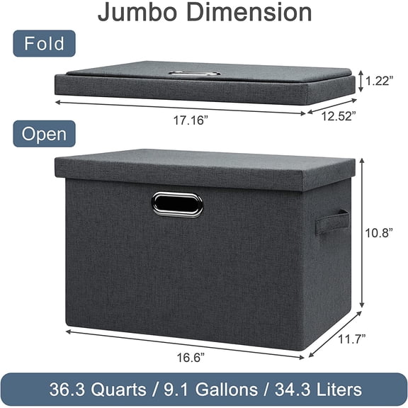 Large 17" 36 Quart Collapsible Stackable Storage Bins with Lids, 5 Packs Dark Gray Foldable Fabric Closet Storage Boxes with Lids Heavy-duty Linen Cube Baskets(17 x 12 x 11)