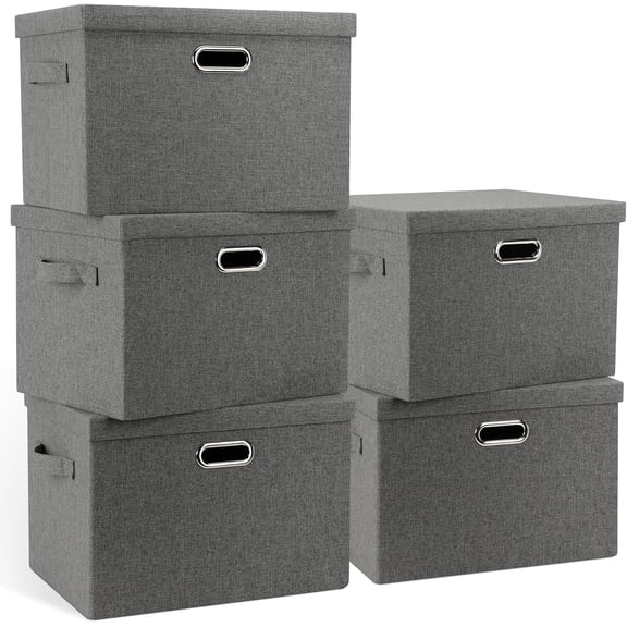 Large 17" 36 Quart Collapsible Stackable Storage Bins with Lids, 5 Packs Linen Fabric Closet Boxes with Lids, Storage Cube Baskets Container Organizers for Bedroom Office(17 x12 x11)