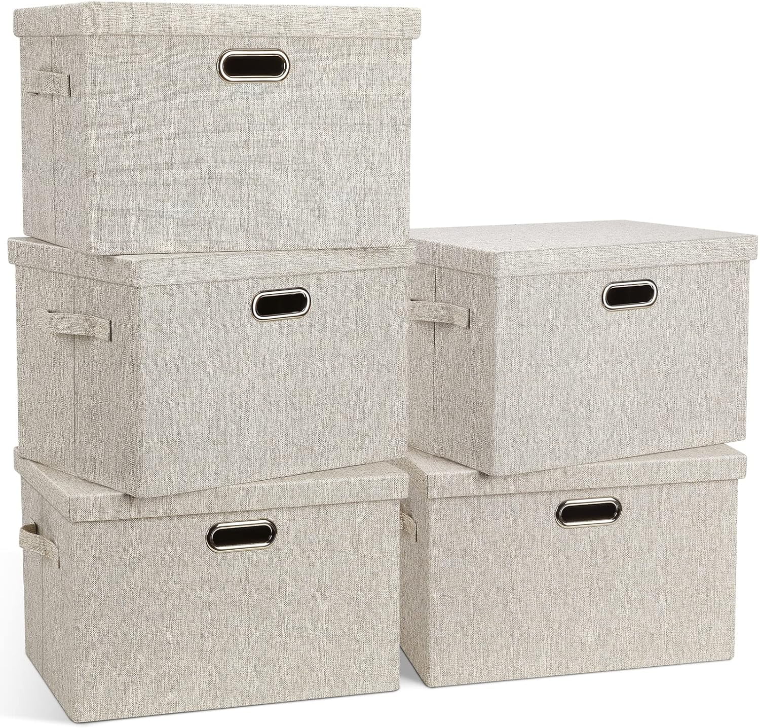 Large 17" 36 Quart Collapsible Stackable Storage Bins with Lids, 5 Packs Linen Fabric Closet Boxes with Lids, Storage Cube Baskets Container Organizers for Bedroom Office(17 x12 x11)
