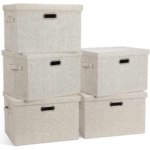 Large 17" 36 Quart Collapsible Stackable Storage Bins with Lids, 5 Packs Linen Fabric Closet Boxes with Lids, Storage Cube Baskets Container Organizers for Bedroom Office(17 x12 x11)