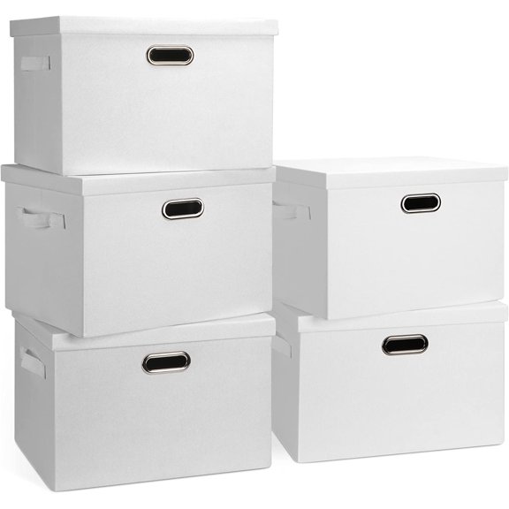 Large 17" 36 Quart Collapsible Stackable Storage Bins with Lids, 5 Packs White Foldable Fabric Closet Storage Boxes with Lids, Heavy-duty Linen Cube Baskets(17 x 12 x 11)