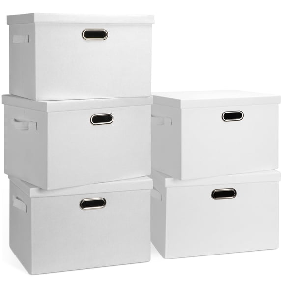Large 17" 36 Quart Collapsible Stackable Storbwith Lids 5 Packs White Linen Fabric Closet Boxes Cube Baskets Container Organizers For Bedroom Office(17 X12 X11)