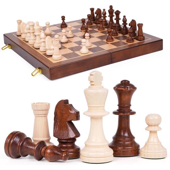 Large 17-Inch Folding Wooden Chess Set with Solid Wood Pieces and 3.5 Inch King