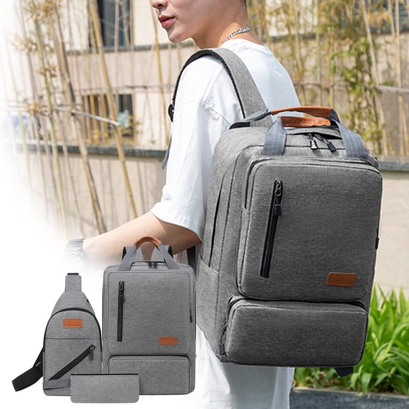 Large 17 Inch Travel Laptop Backpack Set with USB Port, Water-Resistant Cloth, Business Carry On Bag with Crossbody and Coin Purse, Black/Gray/Blue, 3 Piece