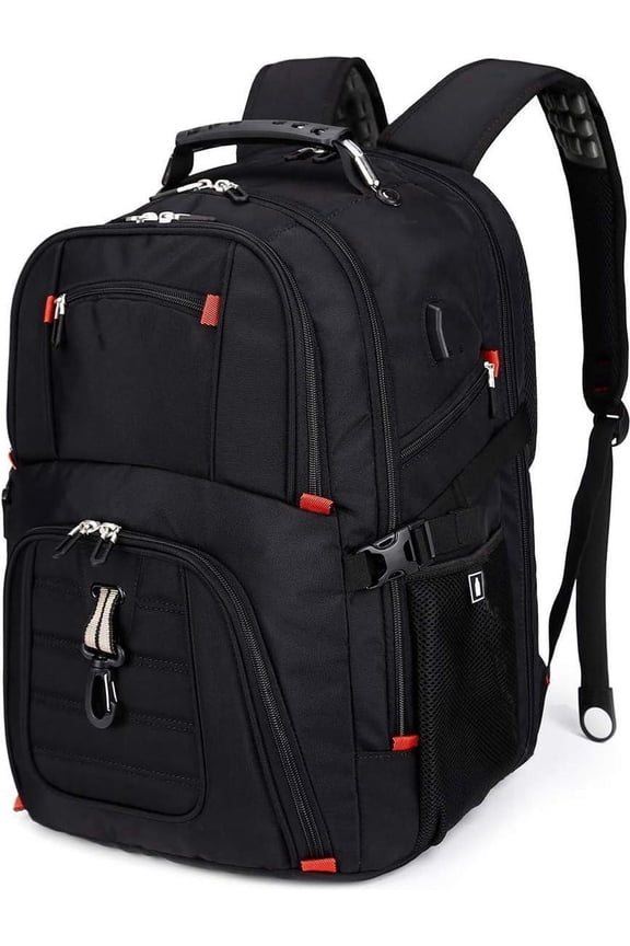 Large 17-Inch Travel Laptop Backpack with USB Charging Port, 44L College Backpack, Black