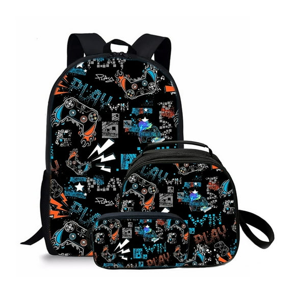Large 17in Gaming Backpack Set w/Lunch Box - Cool Design for Travel & Work