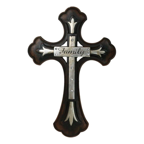 Large 19" H Faux Wooden Family Fleur De Lis French Lily Motif Wall Cross Decor