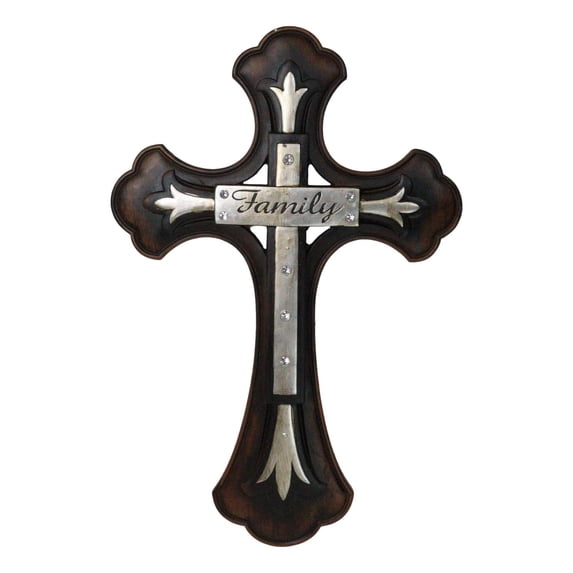 Large 19" H Faux Wooden Family Fleur De Lis French Lily Motif Wall Cross Decor