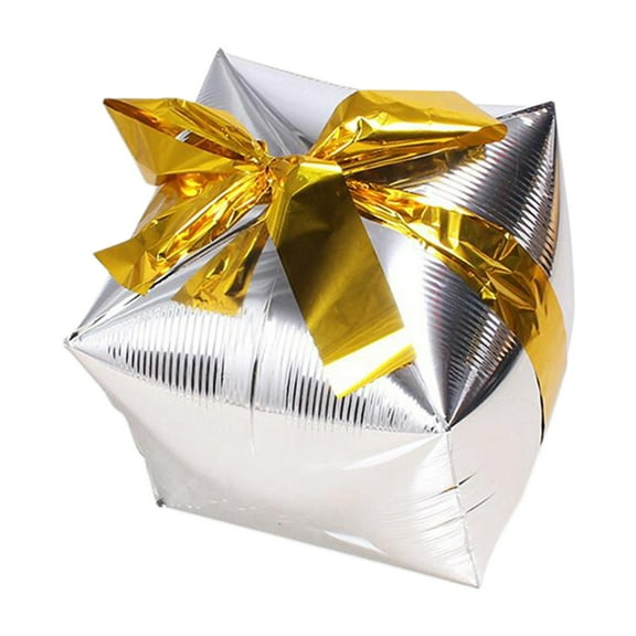 Large 1Pc Silver Christmas Square Shape Gift Box Party Balloons with Red Ribbon, Present Cube Gift Box Mylar Party Decoration Balloons for Xmas Baby Shower Weeding Party Supplies