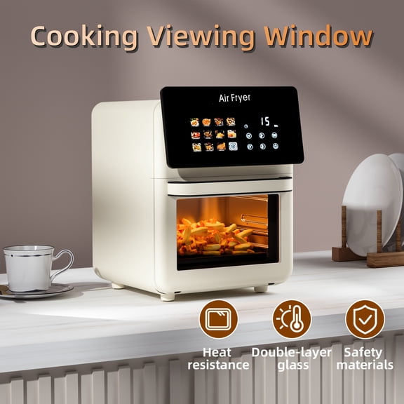 Large 2.64-Gallon Professional Air Fryer Oven with Grill Combo, 12-in-1 Smart Convection Oven with Glass Window, Non-Stick Basket and Liners, Removable Door in White