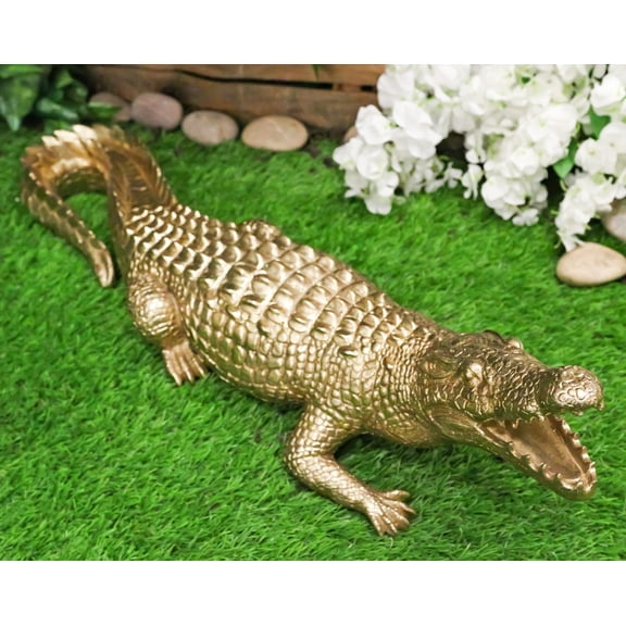 Large 2 Feet Gold Patina Crocodile Baring Jaws and Razor Teeth Garden Statue