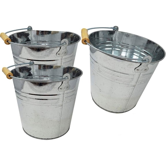 Large 2 Gallon Metal Bucket (3 Pack) Pail Tins Silver W/Wood Handle for Gifts Basket, Ice, Beer or Candy 10 top x 9 h x 7.5 Bottom