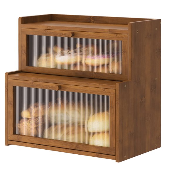 Large 2-Layer Bamboo Bread Box for Kitchen Countertop, Space-Saving Bread Storage Container with Clear Acrylic Window, Premium Kitchen Bread Holder & Pantry Organizer
