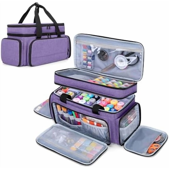 Large 2 Layers Sewing Organizer Bag with 5 Detachable Dividers, Sewing Storage Bag for Sewing Supplies, Purple