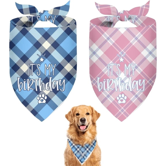 Large 2 Pack Dog Birthday Bandanas, Party Supplies, Blue and Pink Buffalo Plaid Bandana Set of 2, Adjustable Triangle Scarves for Medium Large Extra Large Pets,Boy and Girl Dog Accessories.