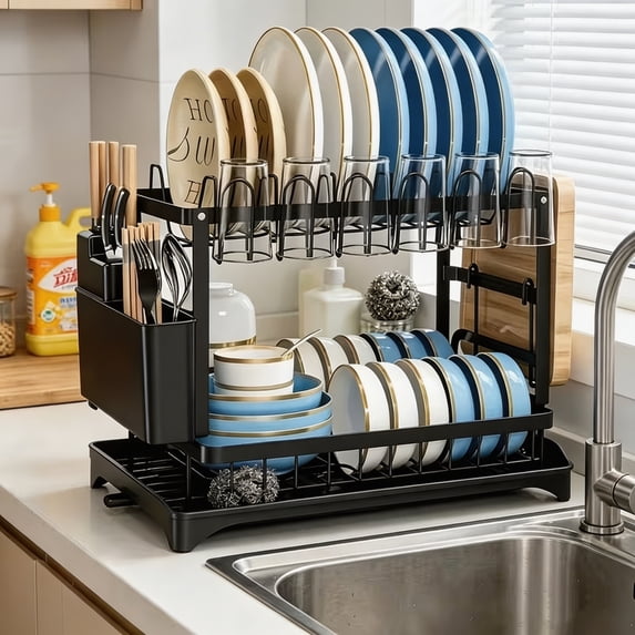 Large 2 Tier Dish Drying Rack with Drainboard, Rustproof Stainless Steel Kitchen Dish Drainer Set with Utensil/Cup/Cutting Board Holder, Space Saving Countertop Organizer, Black