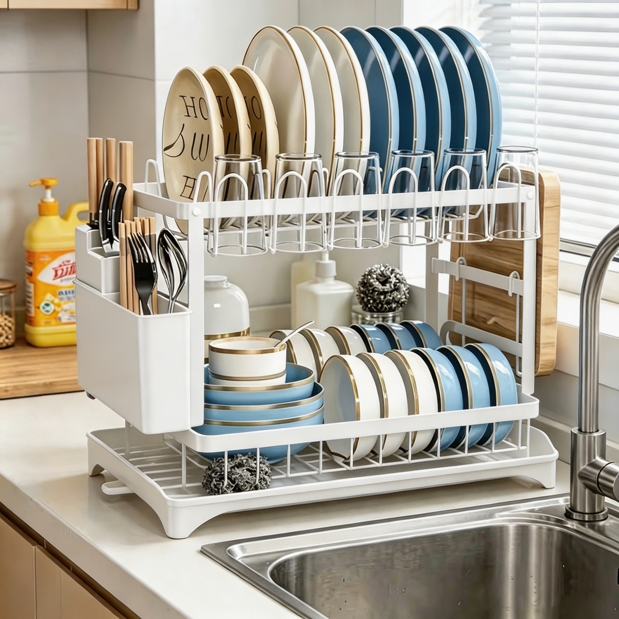Large 2 Tier Dish Drying Rack with Drainboard, Rustproof Stainless Steel Kitchen Dish Drainer Set with Utensil/Cup/Cutting Board Holder, Space Saving Countertop Organizer, White