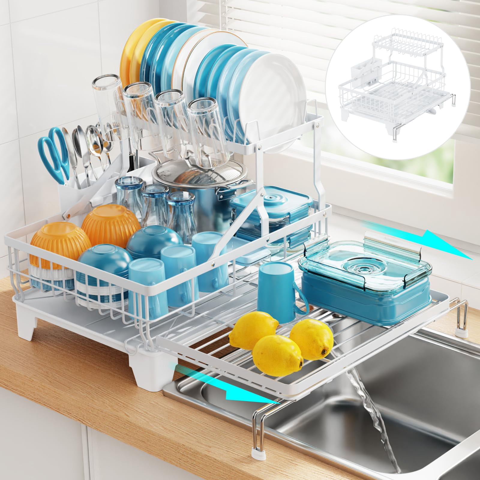 Large 2 Tier Dish Drying Rack  Expandable Heavy-duty For Kitchen Counter Rust-resistant Drainer With Utensil & Cup Holder Auto-drain 16.9" W X 14.4"-22.4" L White