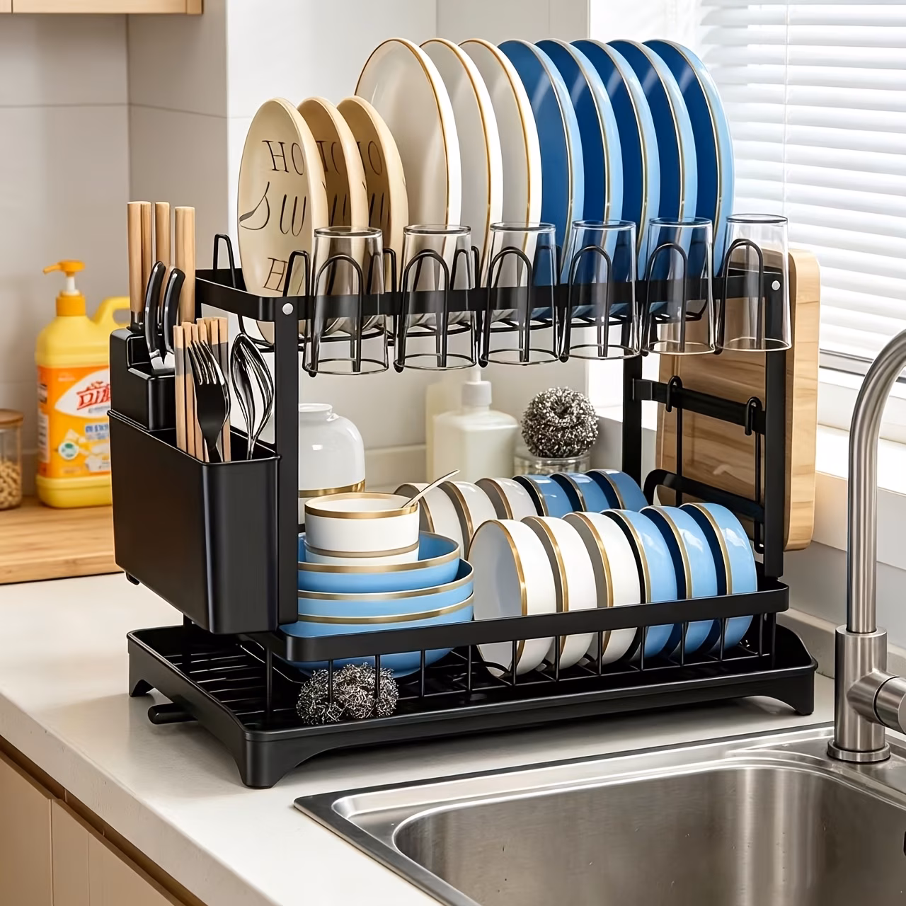 Large 2-Tier Dish Drying Rack with Drip Tray and Drainage Device, Kitchen Counter Dish Drainer for Plates, Knives, Cups and Cutting Boards