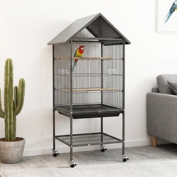 Large 2-Tier Metal Bird Cage – Heavy Duty Aviary for Parrots, Breathable Mesh Sides – 360° Swivel Casters, Stand, Perches, Feeder, Water Dispenser – Easy Assembly