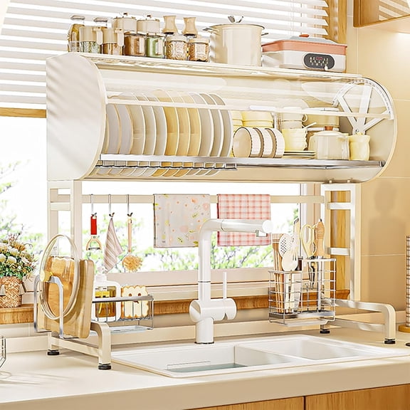 Large 2-Tier Over Sink Dish Drying Rack with Flip-top Door, 304 Stainless Steel Space-Saving Organizer for Plates, Bowls, Pans, Kitchen Sink Organizer countertop(65*30*78cm/25.6*11.8*30.7in)