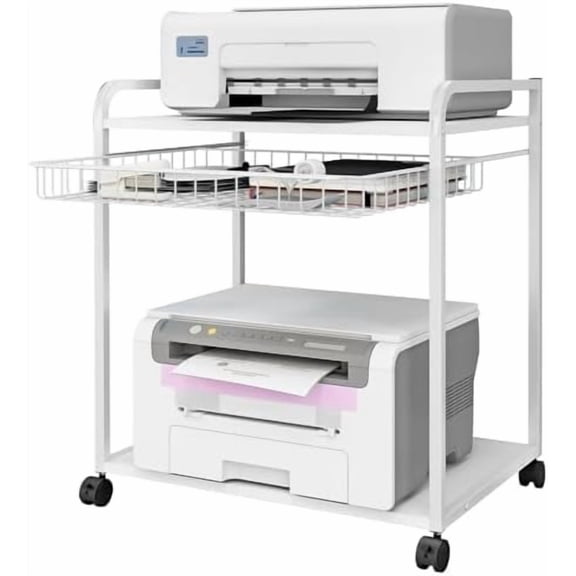 Large 2 Tier Storage Printer Stand with Basket,23.6"x21.6"x15.7" Rolling Printer Cart Under Desk,Printer Table with Wheels for Home Office,White$$Office