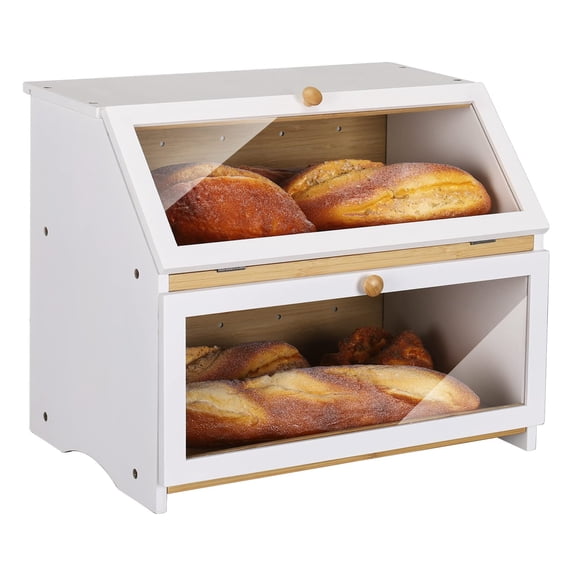 Large 2-Tier Wood Bread Box for Kitchen Counter, Space Saving Farmhouse Bread Bin Storage