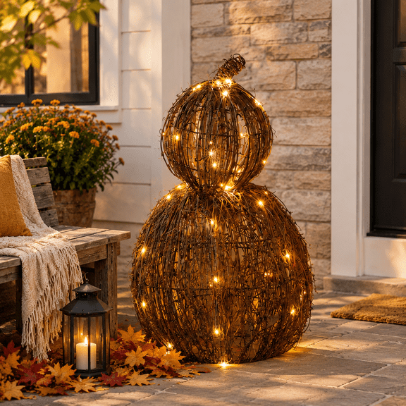 Large 20.5 Inch Wicker Fall Pumpkin Decoration with Built-In Lights