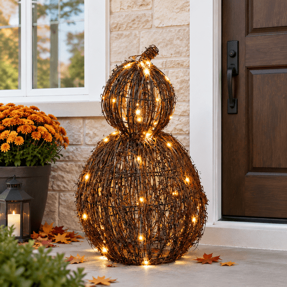 Large 20.5 Inch Wicker Lighted Fall Pumpkin Decoration for Thanksgiving and Harvest