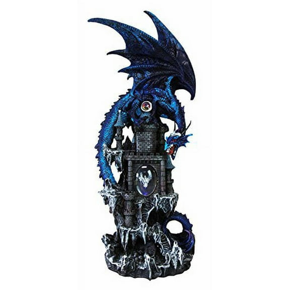 Large 20.75" Tall Blue Waterfall Spyro Dragon On Rocky Mountain Castle Decorative Statue With Automatic Color Changing LED Night Light