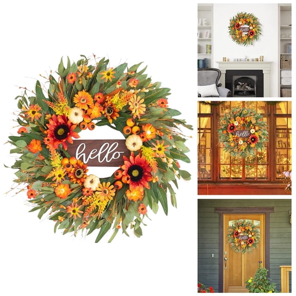 Large 20" Autumn Wreath for Front Door with Apples, Red Berries, Yellow Flowers, Eucalyptus Leaves and Hello Wooden Sign, Outdoor Fall Decor for Halloween Thanksgiving Harvest