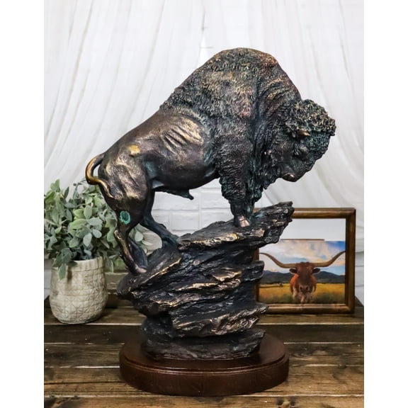 Large 20"H North American Grassland Plains Bison Buffalo On Rocky Slope Statue