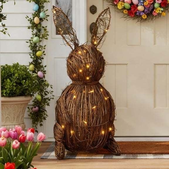 Large 20" Light up Rattan Bunny Easter Lighted Wicker Bunny Outdoor Woven Rattan Rabbit Topiary Easter Porch Decor Spring Rabbit Decoration for Home Farmhouse Garden Front Door