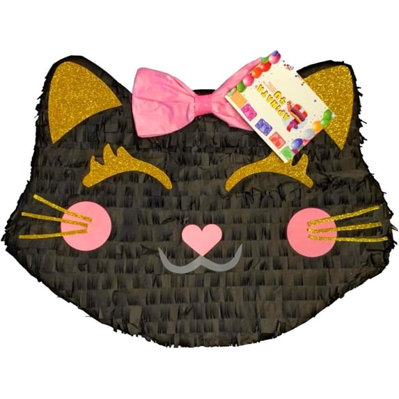 Large 20" Purrfect Party Kitty Cat Head Piñata Black & Gold Color Let's Pawty Purrfect Birthday