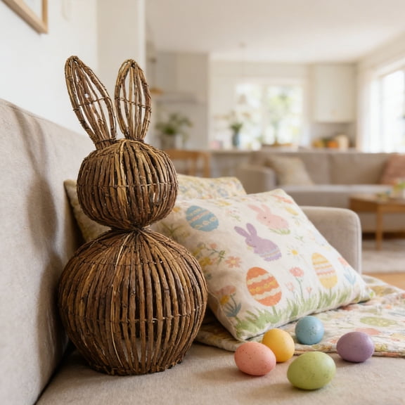 Large 20" Rattan Easter Bunny Statue, Rustic Wicker Rabbit Figurine Easter Decorations for Table Centerpiece, Hearth, or Entryway, Spring Farmhouse Holiday Decor, By VINOIC