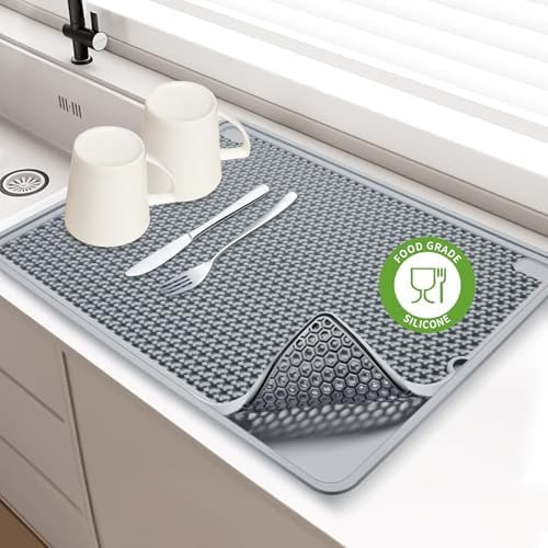 Large 20"x15" Dish Drying Mat for kitchen Counter | Super Absorbent, Food-Grade Silicone, Double-Layer Design, Non-Slip & Easy to Clean | Drainer Pad for Sink, Coffee Machine & Drying Rack | Grey