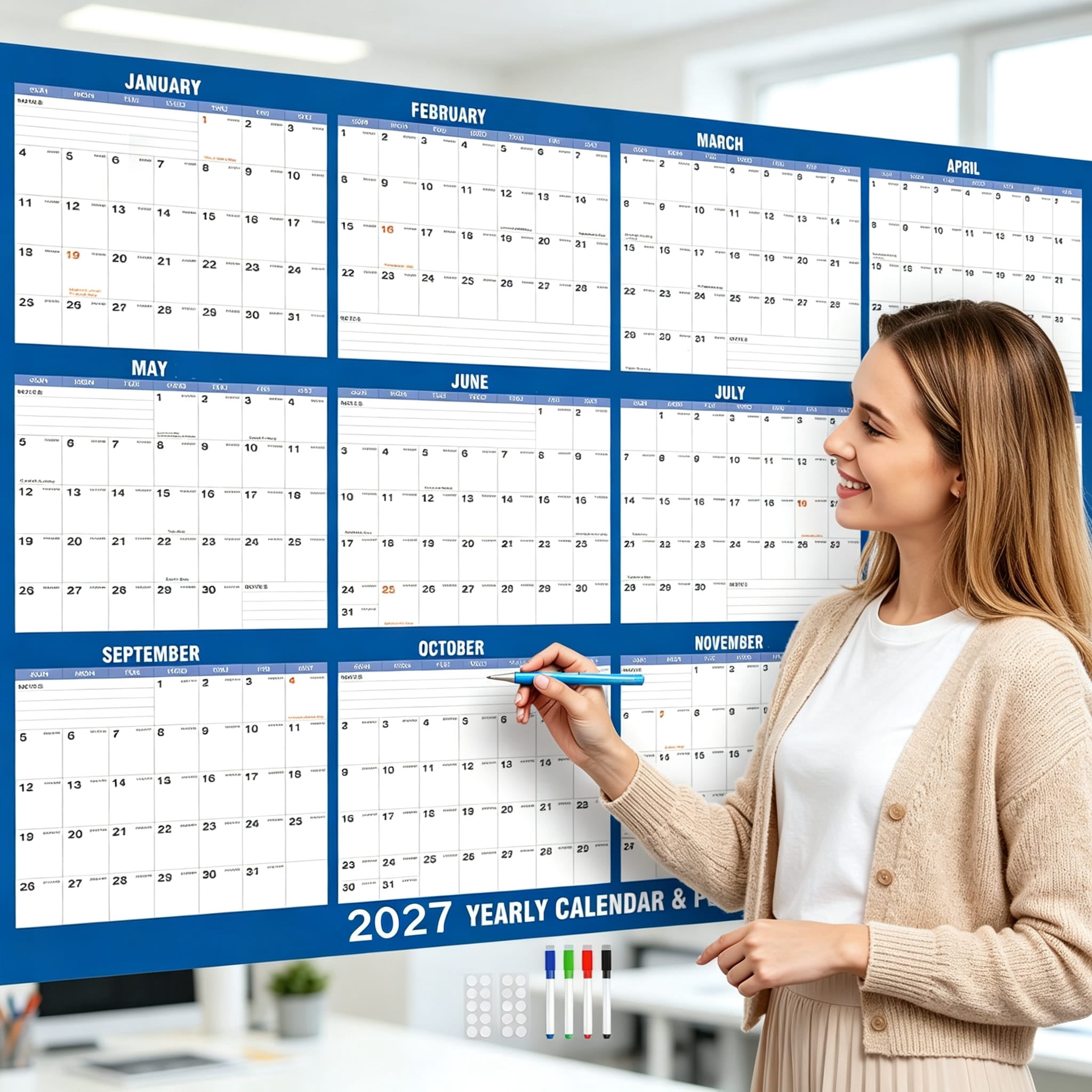 Large 2027 Wall Calendar‑Wet & Dry Erase Laminated Poster | Reversible ...