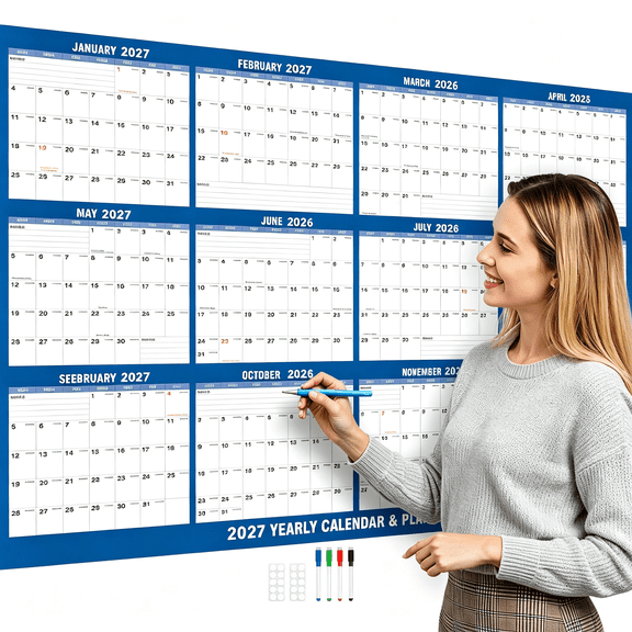 Large 2027 Wall Calendar - Wet & Dry Erase Laminated Poster | Reversible Horizontal Vertical Full Year One Planner (32"x48")